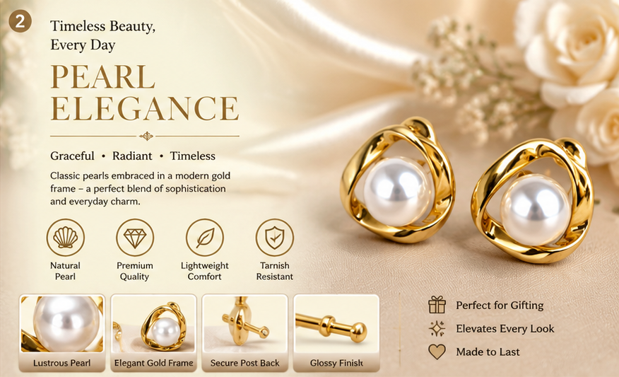 Gold Abstract Pearl Stud Earrings