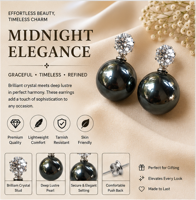 Silver Black Pearl Stud Earrings