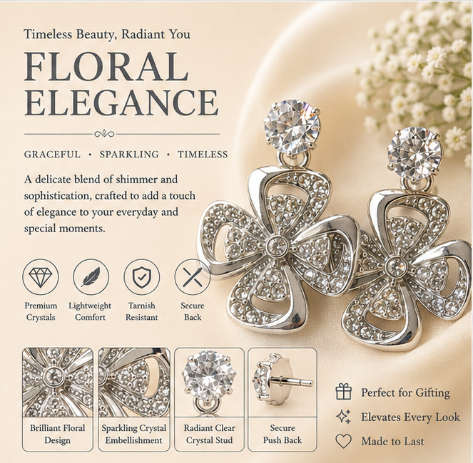 Silver Crystal Floral Drop Earrings