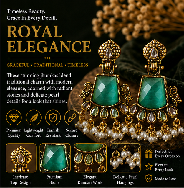 Antique Gold Mint Green Stone Chandbali with Pearl Drops