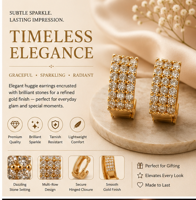 Gold Pavé Crystal Huggie Hoop Earrings model 1