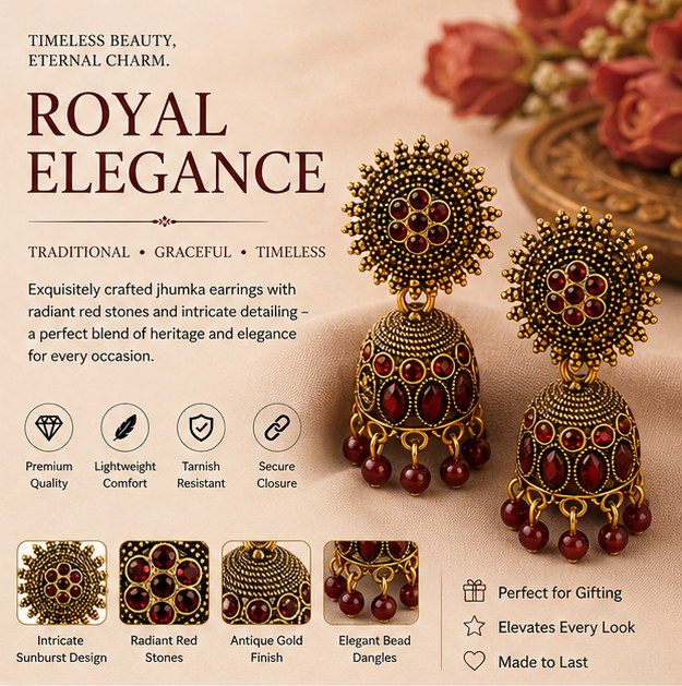 Red Stone Antique Gold Jhumka Earrings with Sun Stud