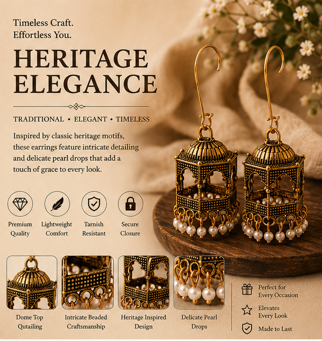 Antique Gold Haveli Pavilion Hook Drop Earrings