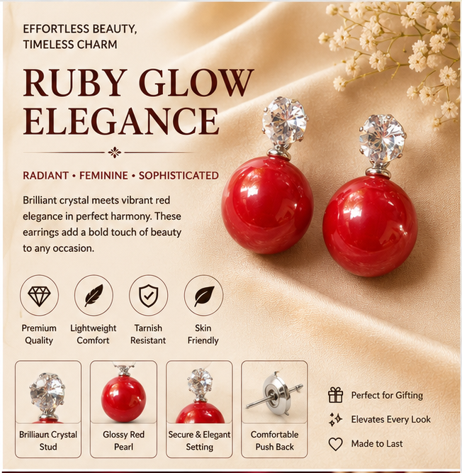 Silver Coral Red Pearl Stud Earrings