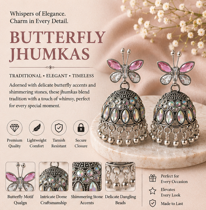 Oxidised Silver Pink Butterfly Stud Aurora Jhumka