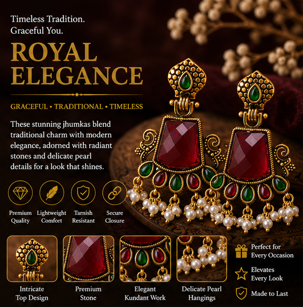 Antique Gold Ruby Red Stone Chandbali with Pearl Drops