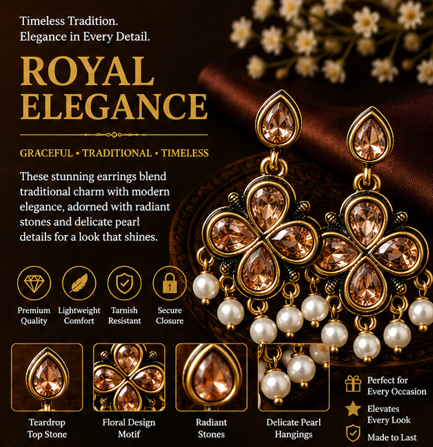 Antique Gold Champagne Crystal Clover Drop Earrings with Pearls