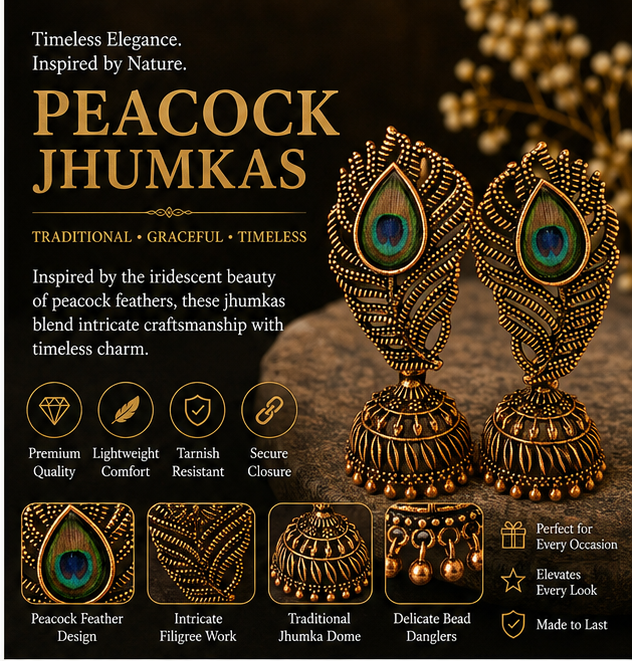 Antique Gold Peacock Feather Jhumka with Real Feather Inlay