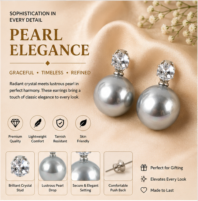 Silver Grey Pearl Stud Earrings