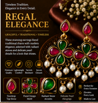 Antique Gold Ruby & Green Clover Drop Earrings with Pearls
