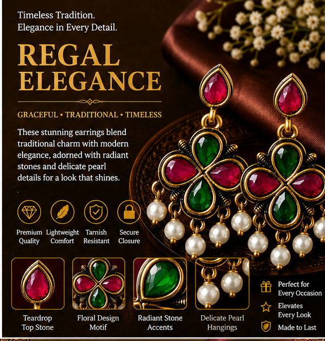 Antique Gold Ruby & Green Clover Drop Earrings with Pearls