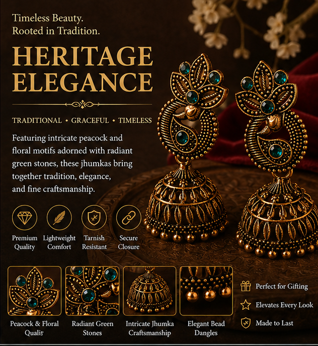 Antique Gold Paisley Peacock Jhumka – Green Stone