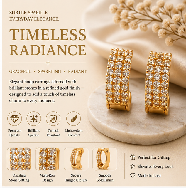 Gold Triple-Row Crystal Huggie Hoop Earrings