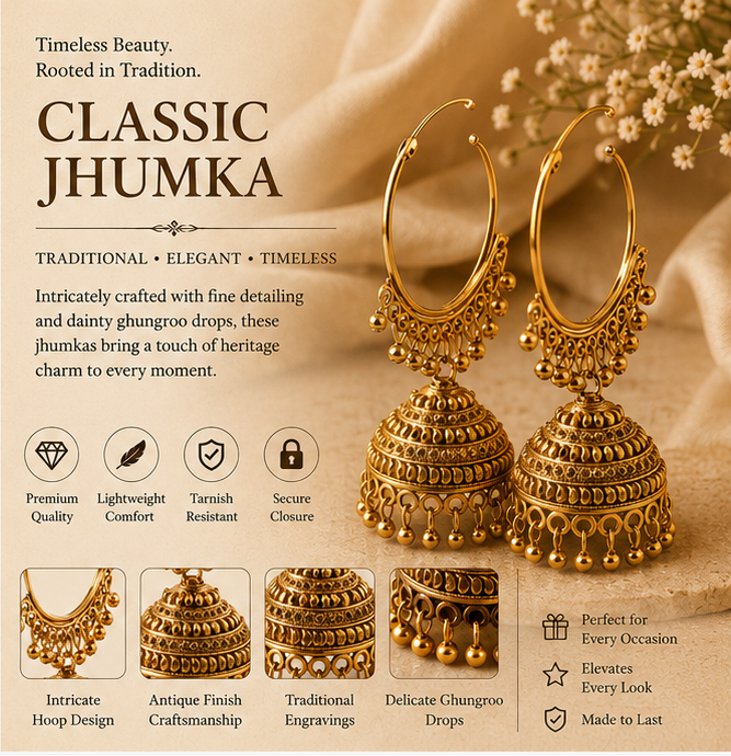 Antique Gold Hoop Jhumka with Ball Bead Fringe