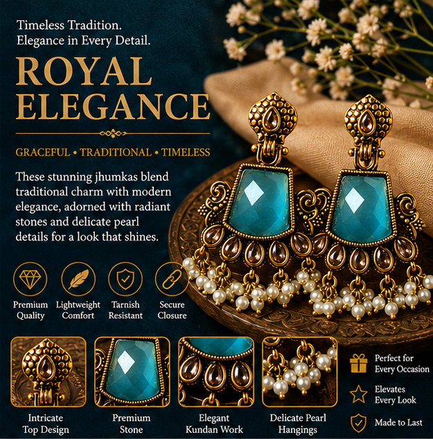 Antique Gold Teal Stone Chandbali with Kundan & Pearl Drops