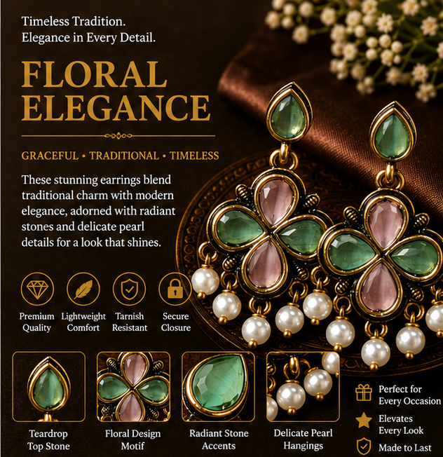 Antique Gold Pink & Green Clover Drop Earrings with Pearl Fringe