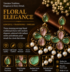 Antique Gold Pink & Green Clover Drop Earrings with Pearl Fringe