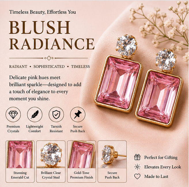 Gold Blush Pink Crystal Drop Earrings
