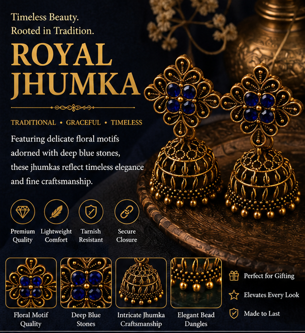 Antique Gold Flower Stud Cage Jhumka – Blue Stone