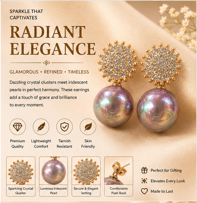 Gold Iridescent Mauve Pearl Drop Earrings