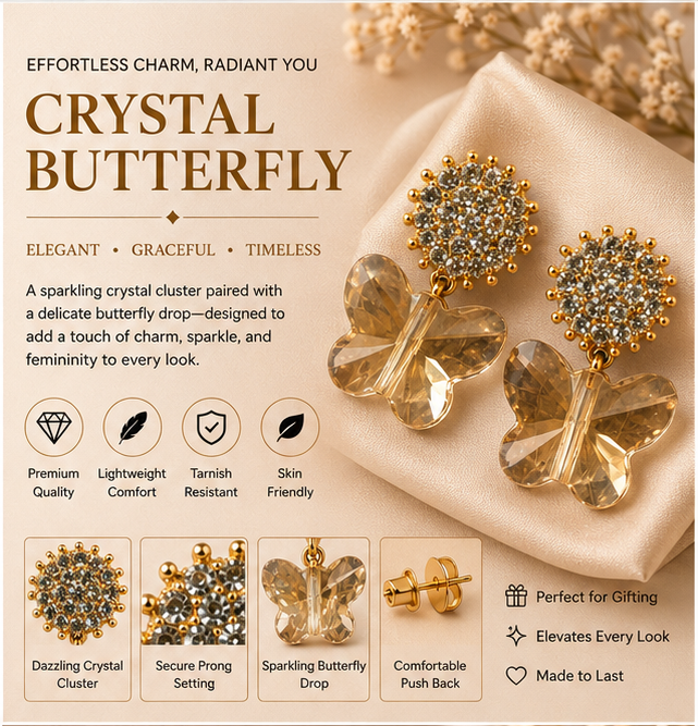 Gold Champagne Butterfly Crystal Earrings