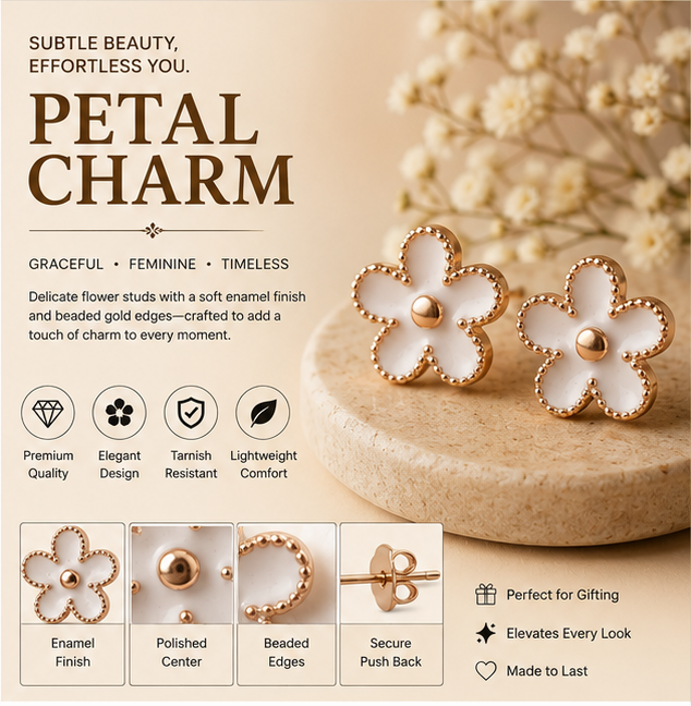 Rose Gold White Floral Stud Earrings