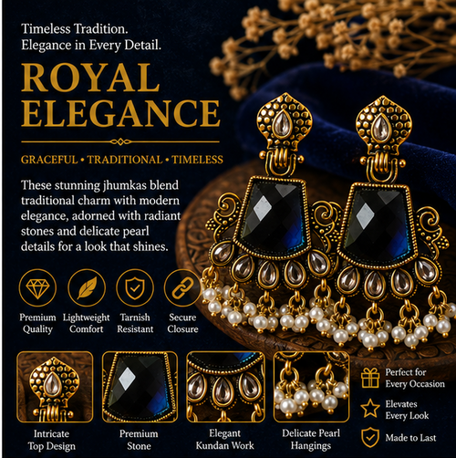 Antique Gold Deep Blue Stone Chandbali with Kundan & Pearls