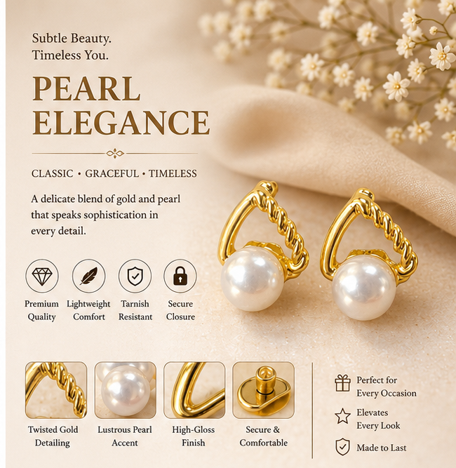 Gold Twisted Arc Pearl Stud Earrings