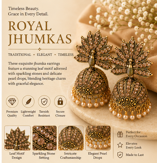 Antique Gold Champagne Crystal Peacock Fan Jhumka with Pearls