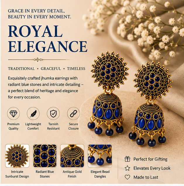 Blue Stone Antique Gold Jhumka Earrings with Sun Stud