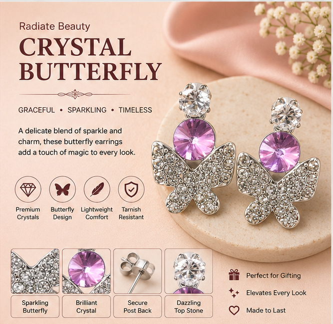 Silver Pavé Butterfly Crystal Drop Earrings