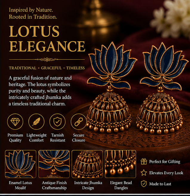 Navy Blue Enamel Lotus Jhumka Earrings