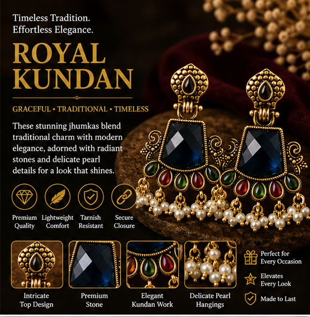 Antique Gold Navy Blue Stone Chandbali with Pearl Drops