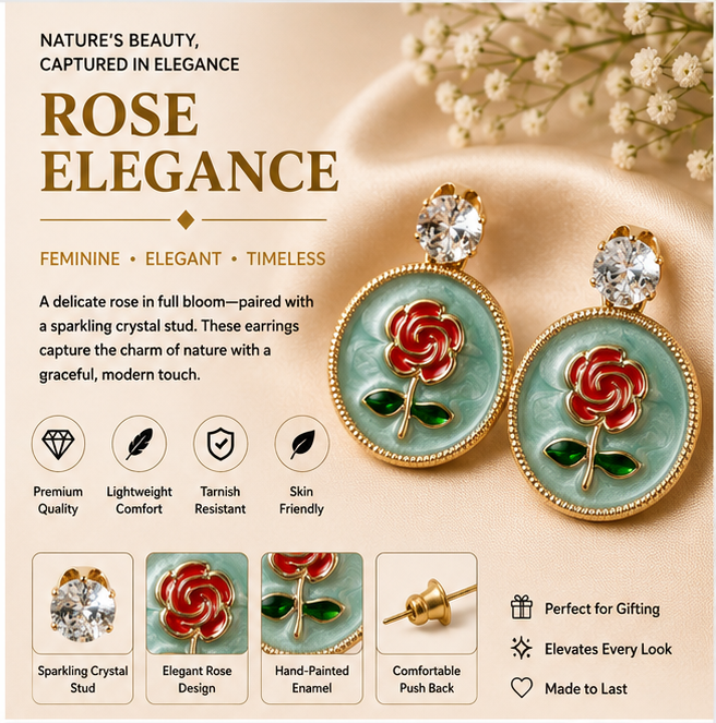 Gold Rose Medallion Drop Earrings – Mint Green