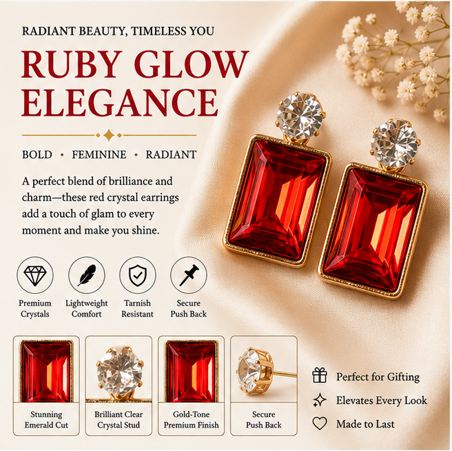 Gold Ruby Red Crystal Drop Earrings