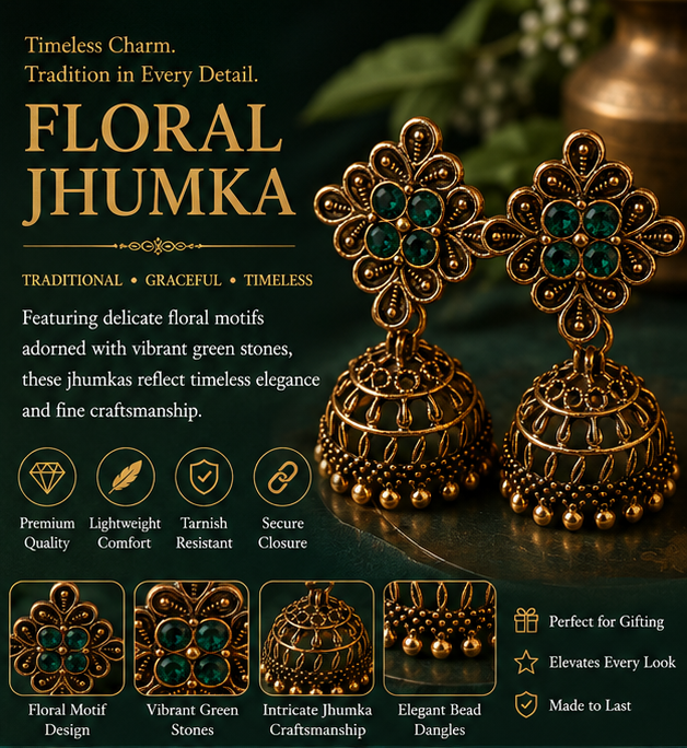 Antique Gold Flower Stud Cage Jhumka – Green Stone