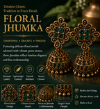 Antique Gold Flower Stud Cage Jhumka – Green Stone