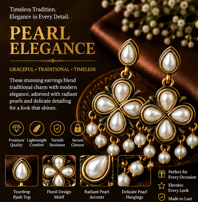 Antique Gold All-Pearl Clover Drop Earrings