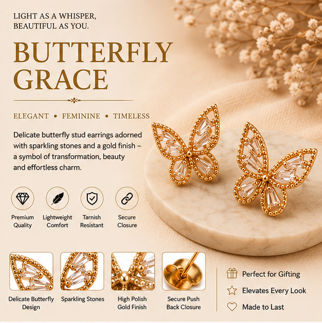 Clear Crystal Rose-Gold Butterfly Studs