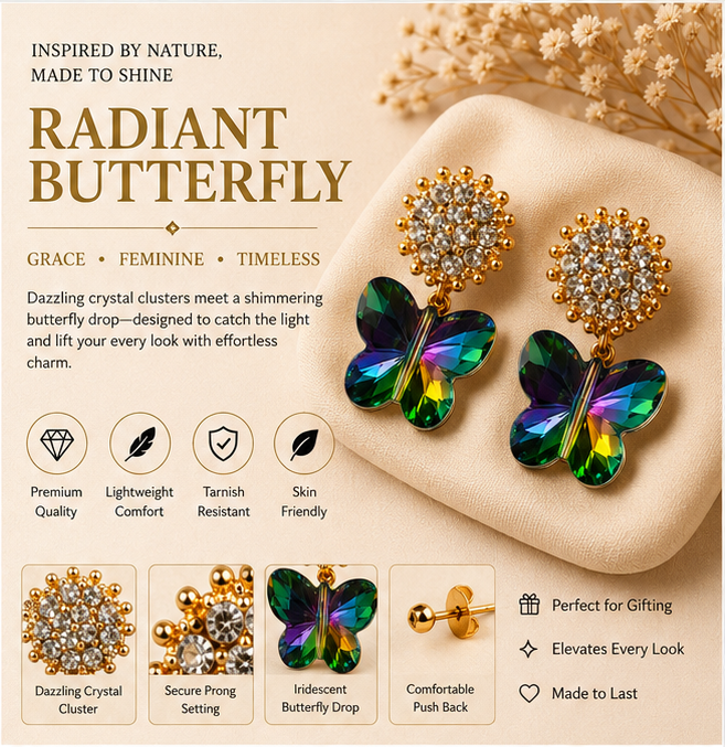 Gold Emerald Butterfly Crystal Earrings
