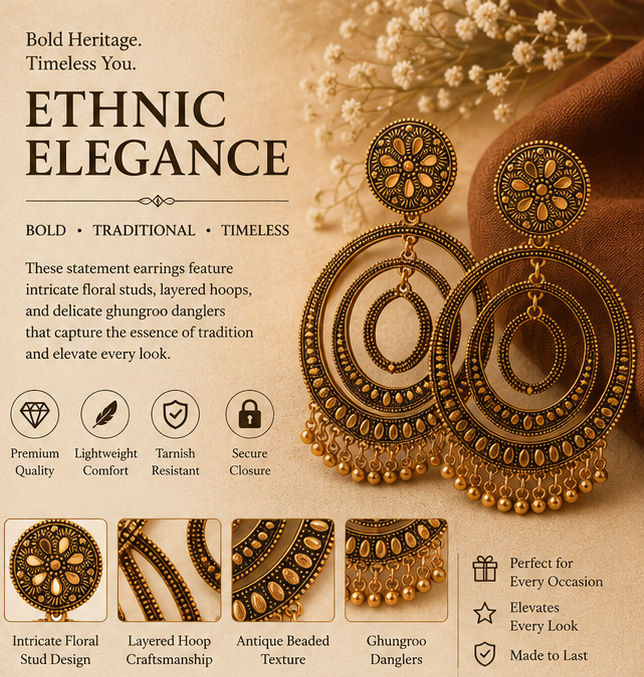 Antique Gold Triple-Orbit Chandbali with Bead Drops