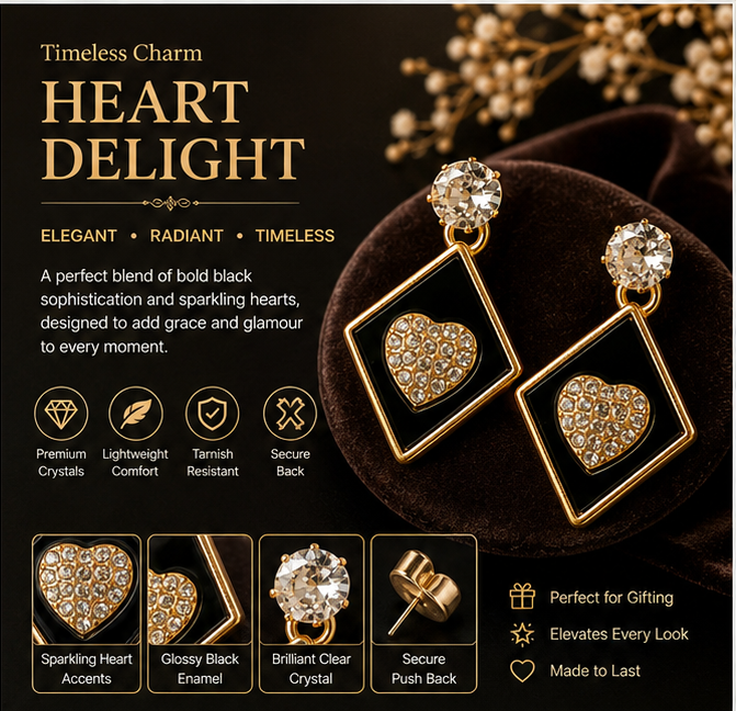 Gold Black Diamond Heart Drop Earrings