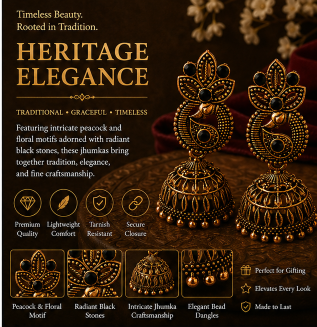 Copper Paisley Peacock Jhumka – Black Stone