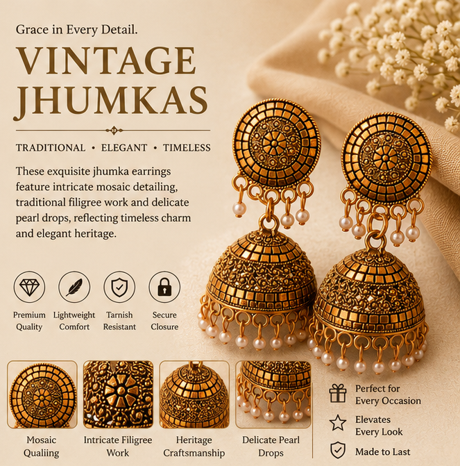 Antique Copper Mosaic Disc Jhumka with Pearl Drops
