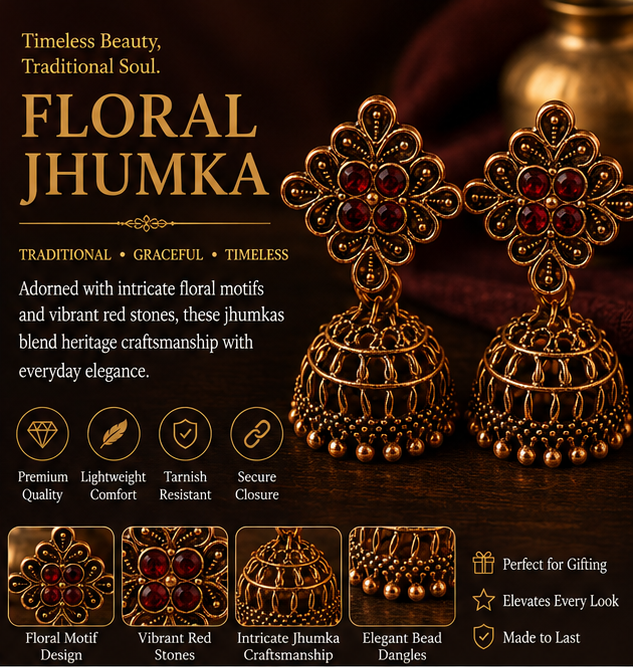 Copper Flower Stud Cage Jhumka – Red Stone