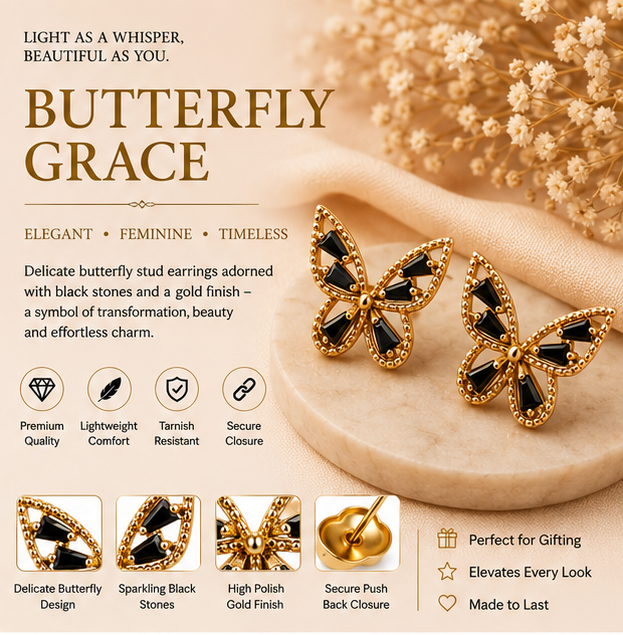 Black Crystal Butterfly Stud Earrings