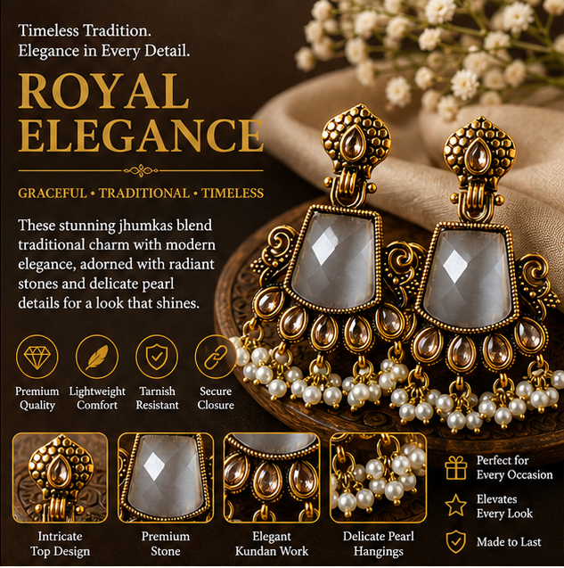 Antique Gold Grey Stone Chandbali with Kundan & Pearl Drops