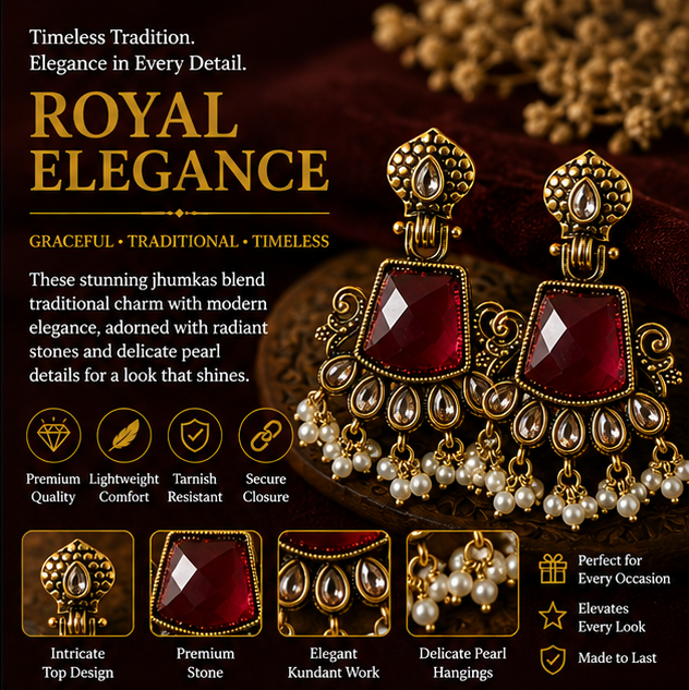 Antique Gold Ruby Red Stone Chandbali with Kundan & Pearls