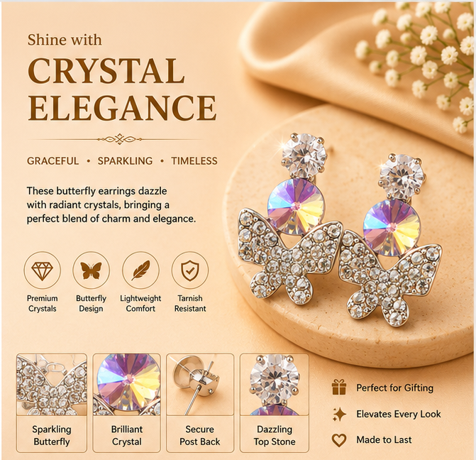 Silver Violet Butterfly Crystal Drop Earrings