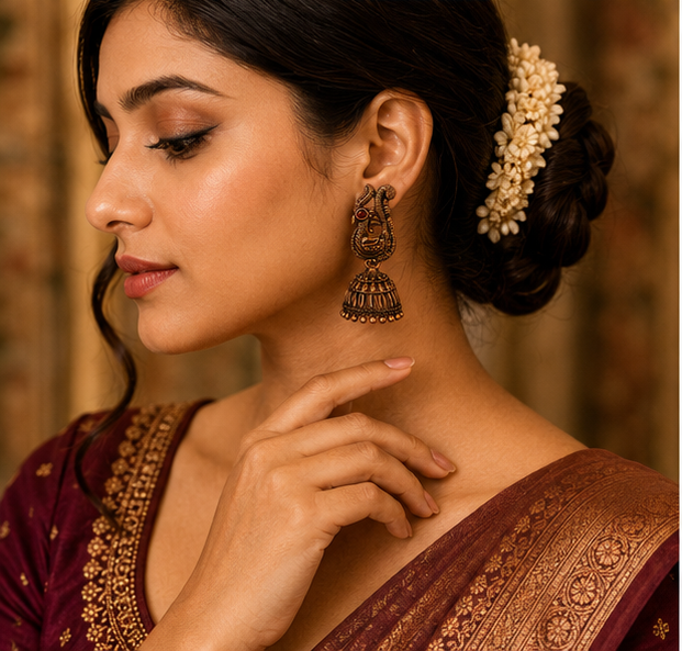 Oxidised Copper Peacock Jhumka with Red Stone